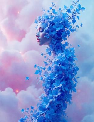 The primary subject of the image is a woman with a blue flower crown on her head. She is surrounded by a beautiful blue flower garden, which includes a variety of blue flowers. The setting is a cloudy sky, creating a serene and dreamy atmosphere. The visual style of the image is a digital art or illustration, showcasing the woman's unique and artistic appearance. The dominant colors in the image are blue and white, creating a calming and peaceful mood.